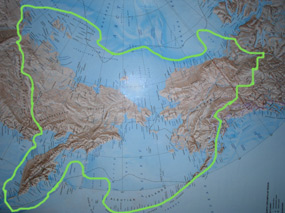 Low sea levels during the most recent glacial maximum allowed Inuit ancestors to live on land in the Beringia region. Image from Wikipedia Commons.